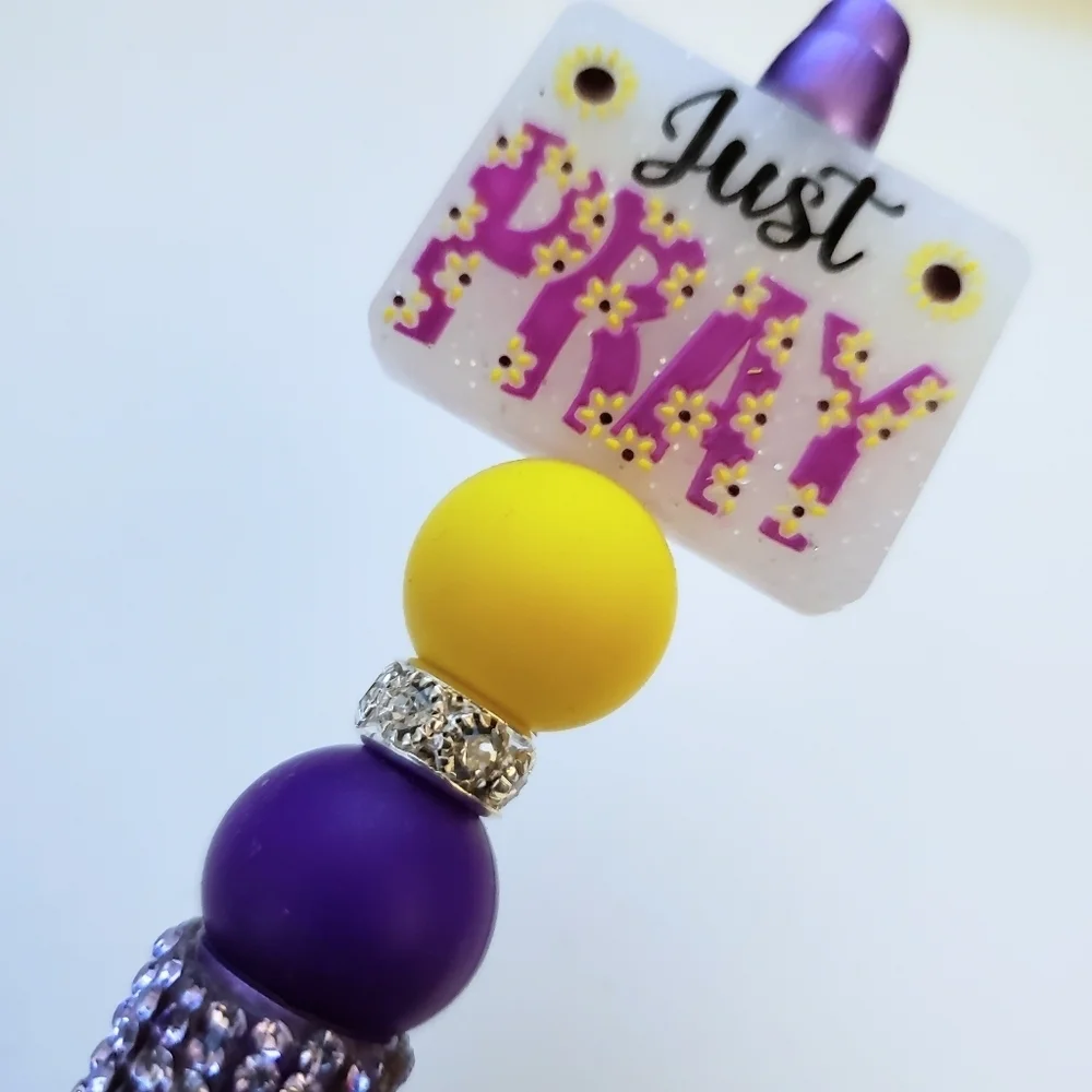 Handmade Purple Rhinestone Just Pray Sunflower Beaded Silicone Focal Bead Pen